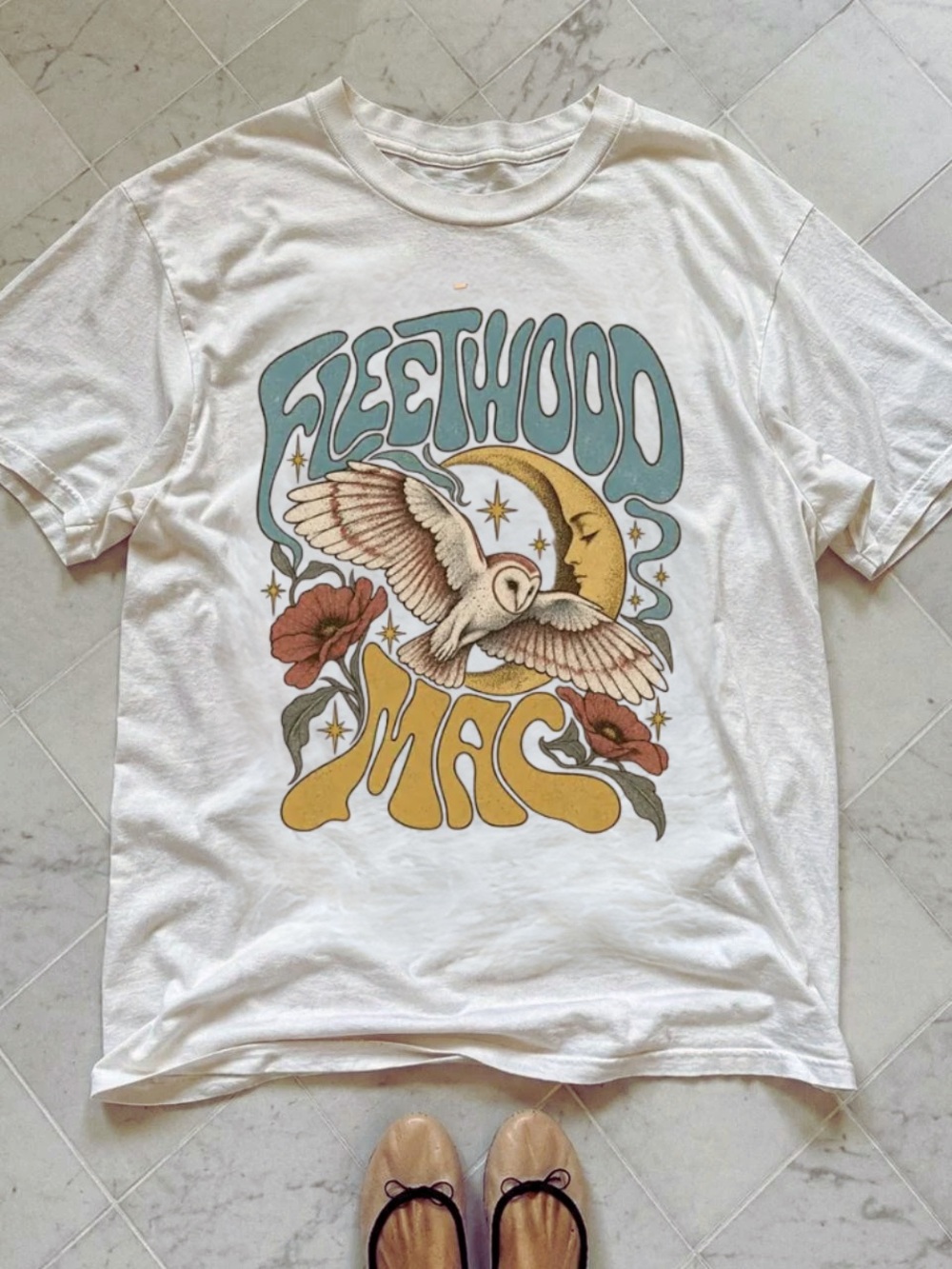 Gildan White Tee with Teal Fleetwood Mac Script and Gold Moon